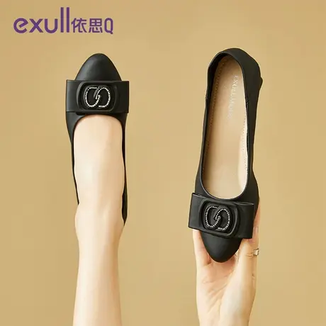 依思q2023新款粗跟法式黑色尖头女士浅口通勤透气秋冬季中跟女鞋商品大图