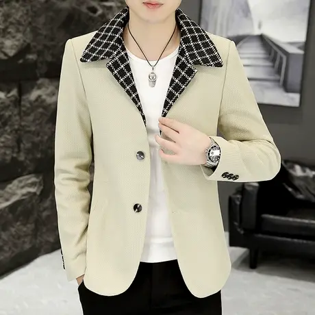 设计感外套男士格子拼接西装领夹克秋季时尚潮牌痞帅两粒扣小西服商品大图