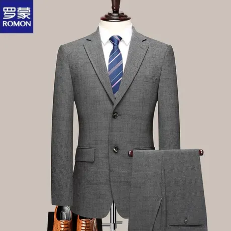罗蒙男士西服套装春秋新款商务休闲高档格子西装结婚礼服正装套装图片
