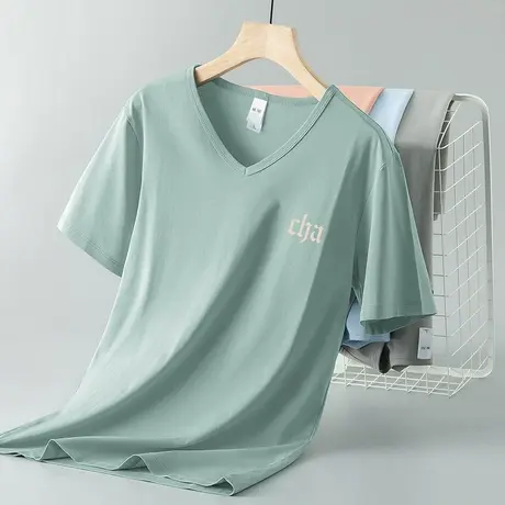 莫代尔冰丝短袖t恤男装2023新款V领上衣服夏季潮流印花打底衫半袖商品大图