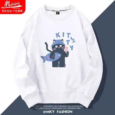 日系卡通趣味小猫涂鸦印花卫衣男士圆领秋季套头衫简约休闲情侣装商品大图