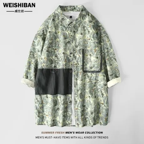 高级感老花亚麻短袖衬衫男夏季新款文艺时尚纯棉拼色休闲衬衣外套商品大图