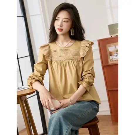 时尚气质长袖衬衫2023年秋季新款淑女温柔圆领宽松显瘦通勤上衣商品大图