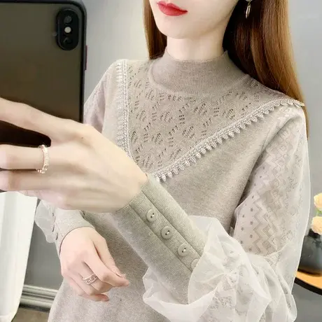 2023年早春秋新款蕾丝拼接针织衫毛衣洋气打底衫女上衣设计感小众商品大图