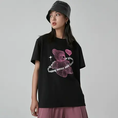 omont蛋挞家复古小熊印花黑色短袖t恤女夏季设计感小众酷女孩上衣商品大图