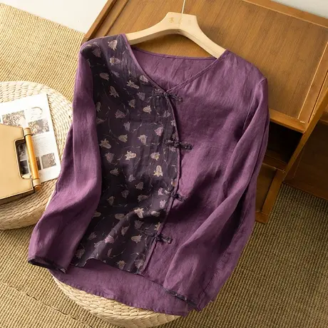 享永子拼接亚麻衬衫女文艺复古宽松显瘦棉麻上衣T恤2023春夏新款图片