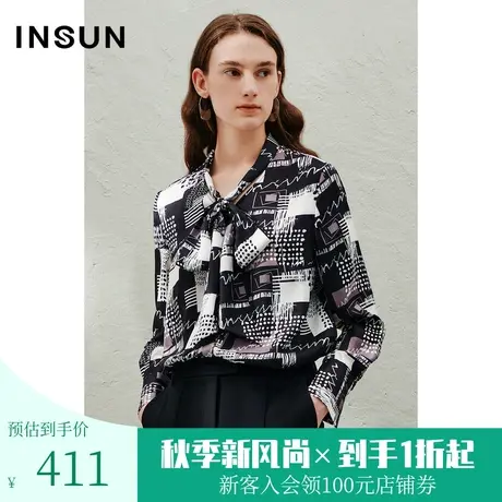 恩裳2023年春季新款时尚大气仿真丝黑白抽象印花简约衬衫商品大图