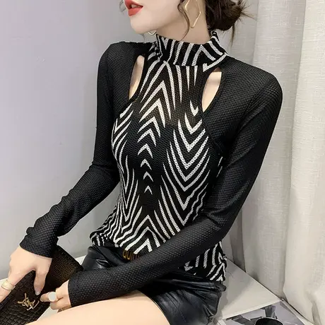 性感网纱打底衫欧货女装潮名媛气质镂空上衣设计感修身长袖T恤女商品大图