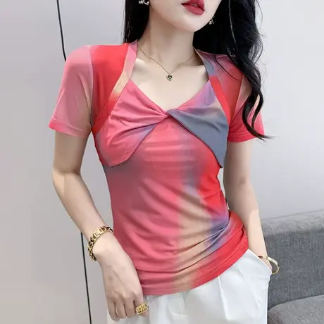 欧货气质女装性感V领网纱小衫拼色印花T恤设计感别致显瘦上衣夏天商品大图