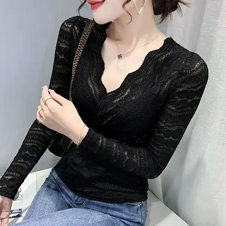 性感镂空蕾丝打底衫女春秋2023新款洋气V领雷丝上衣紧身长袖小衫商品大图