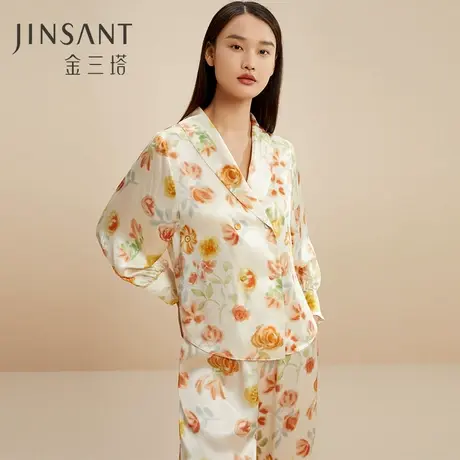 金三塔100%桑蚕丝女士真丝印花双排扣时尚家居服睡衣套装春夏新图片
