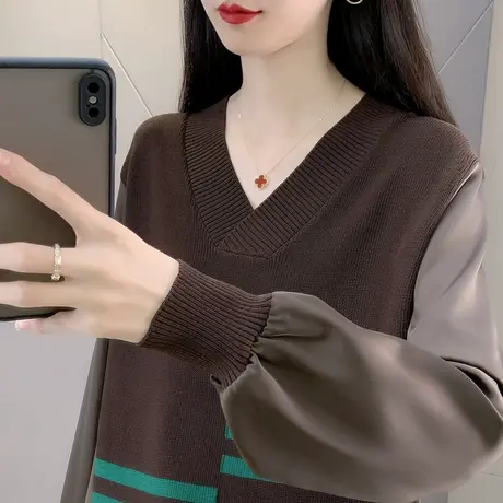 设计感雪纺拼接v领套头针织衫女2023早秋新款宽松毛衣洋气百搭女商品大图