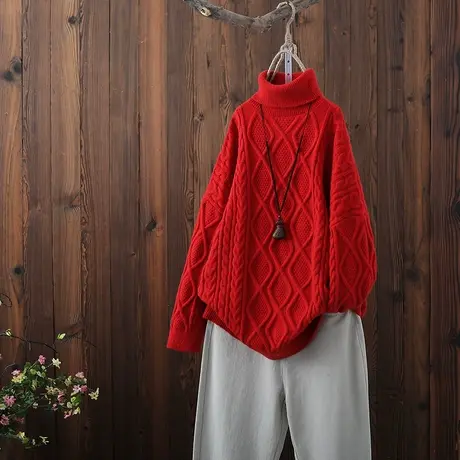 秋冬季新款女装高领毛衣文艺范纯色针织衫女中长款保暖套头上衣图片