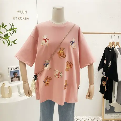 2022早春新款韩国东大门重工水钻小熊磨毛绒加厚短袖T打底衫大码图片