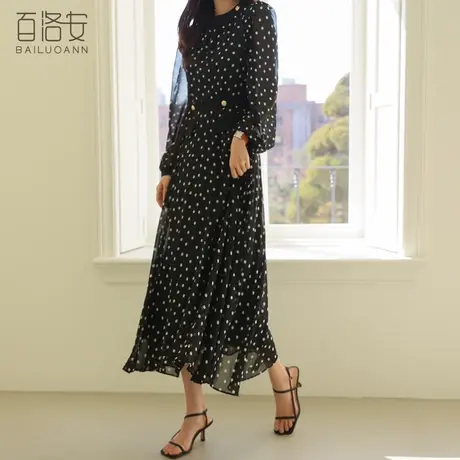 百洛安长袖连衣裙女时尚波点印花中长裙秋季设计感收腰a字大摆裙图片