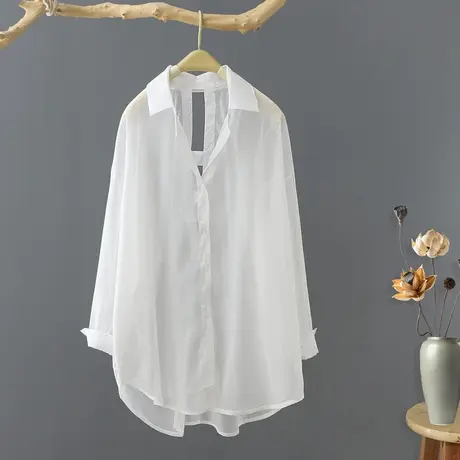 夏季韩范时尚网纱露背薄款长袖衬衫女小众宽松洋气显瘦防晒衫上衣商品大图