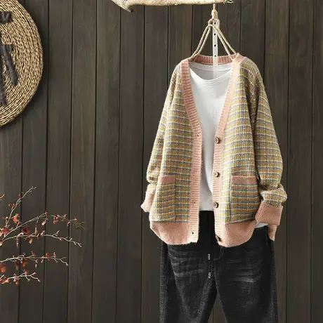 枫谜秋冬新款文艺复古拼色针织毛衣女宽松休闲毛衣V领开衫外套商品大图