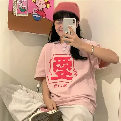红续~2023夏装新款韩版创意ins宽松百搭ulzzang纯棉短袖T恤女上衣商品大图