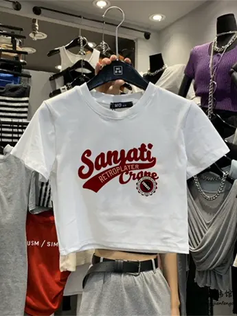 白色正肩短袖t恤女2023年新款夏季修身洋气显瘦潮牌法式甜辣上衣图片