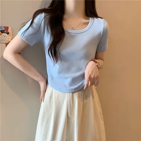 纯色简约方领正肩半袖T恤女夏天韩版百搭修身纯棉短款短袖上衣潮商品大图