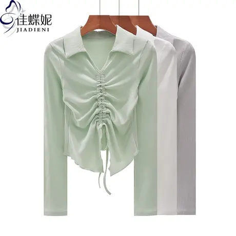 春季新款韩版翻领修身纯棉抽绳纯欲短款长袖体恤上衣打底衫女装商品大图