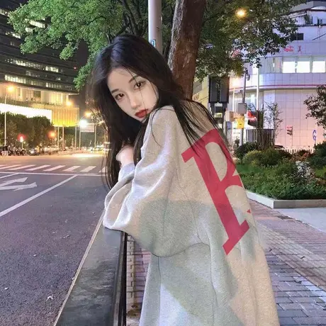 圆领落肩卫衣女薄款早秋季小个子宽松慵懒风oversize潮牌无帽上衣商品大图