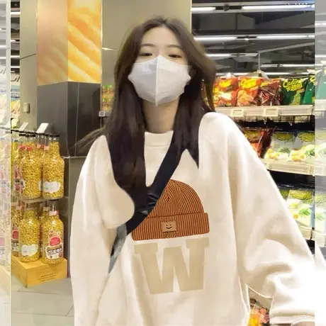 杏色无帽圆领卫衣女春秋2023新款小众设计感oversize大码宽松上衣图片