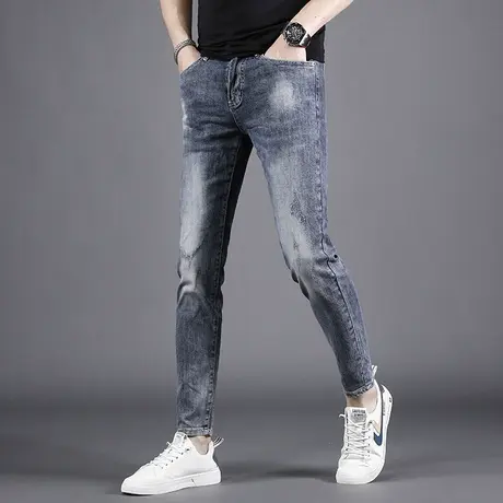 高端裤子男九分牛仔裤夏季薄款2022年新款蓝色修身小脚潮牌休闲裤商品大图