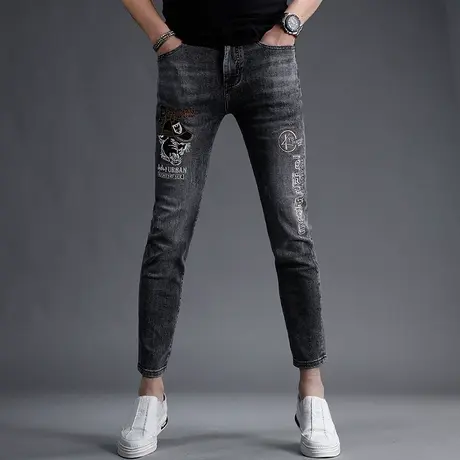 深灰色九分牛仔裤男2023夏季新款刺绣烫印修身小脚弹力百搭9分裤商品大图