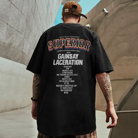 摩严美式复古T恤男潮流bf风休闲宽松纯棉短袖潮牌加肥加大码半袖商品大图