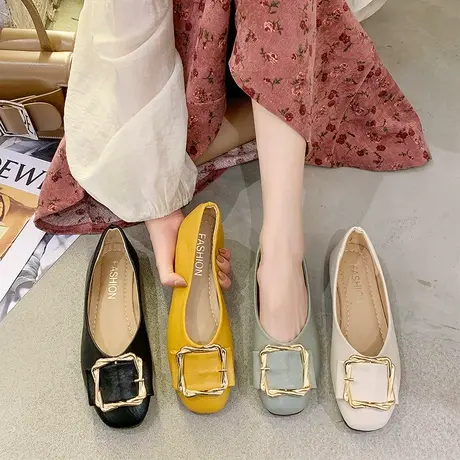 平底方头单鞋女浅口平跟方扣豆豆鞋百搭软底妈妈鞋舒适上班鞋春秋商品大图