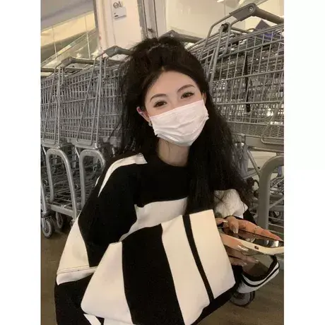春秋季慵懒风大码女装胖妹妹长袖条纹上衣卫衣宽松韩版外套200斤商品大图