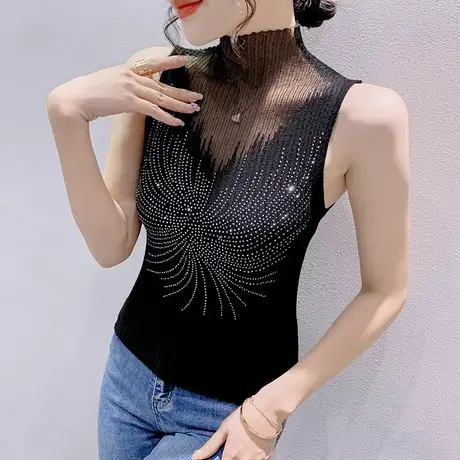 性感镂空吊带背心女内搭夏季网纱拼接无袖上衣时尚烫钻外穿小衫潮商品大图