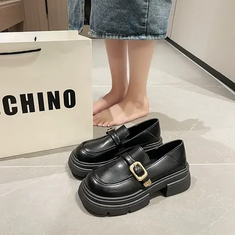 金属扣乐福鞋女2024新款春季厚底复古时尚百搭鞋子厚底棕色小皮鞋商品大图