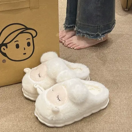 厚底毛毛棉拖鞋女冬季卡通可爱小羊室内居家毛绒保暖防滑月子拖鞋商品大图