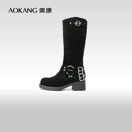奥康女鞋 冬季新款绒面褶皱堆堆靴粗跟西部牛仔靴时尚骑士靴图片