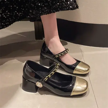 配裙子玛丽珍鞋女2024年春夏季新款法式粗跟浅口单鞋一字扣小皮鞋商品大图