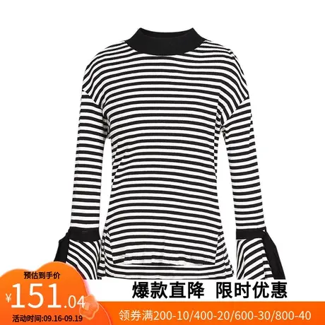 【艾格】2023春季新款条纹针织衫女韩版拼色宽松喇叭袖打底衫上衣图片