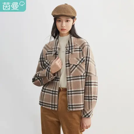 【商场同款】茵曼格子女2023冬季新款休闲百搭宽松拉链毛呢短外套图片