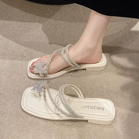 2024夏季新款ins韩版蝴蝶结凉鞋女平底仙女水钻夹趾凉拖鞋女外穿图片