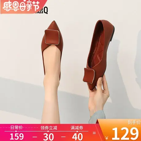 依思q红色单鞋女平底尖头女鞋2023新款浅口软皮不磨脚小皮鞋软底商品大图