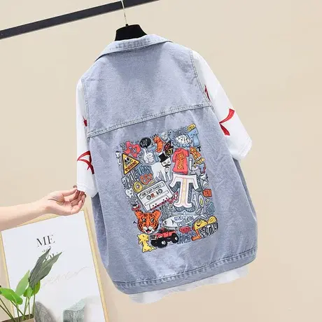 国潮大版涂鸦牛仔马甲外套长款百搭坎肩网红款无袖牛仔外套春秋季商品大图