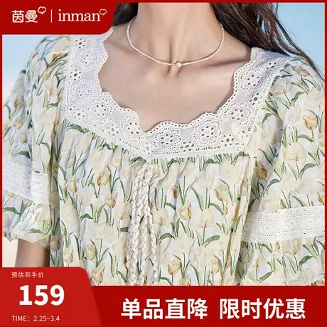 茵曼旗舰店法式碎花短袖衬衣女夏2024年新款方领镂空衬衣纯棉上衣图片