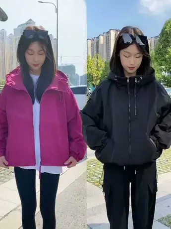 设计感双拉链连帽休闲外套女2023秋季韩版宽松夹克短款冲锋衣上衣图片