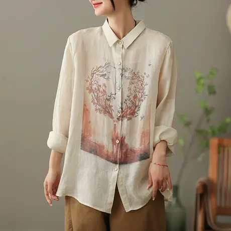 dza 复古苎麻女士衬衫2023夏季薄款长袖衬衣宽松显瘦棉麻开衫上衣图片
