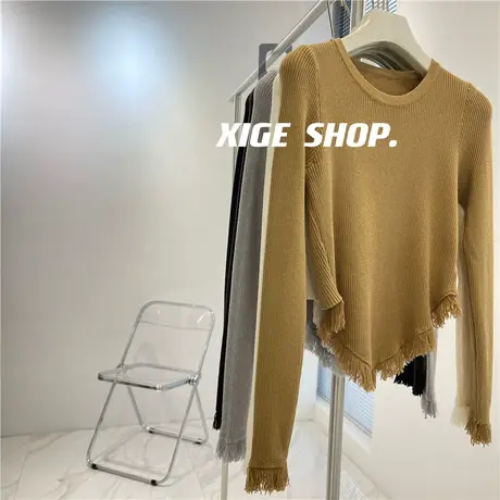 不规则流苏边针织衫女外穿修身显瘦气质设计感别致内搭短款上衣秋商品大图