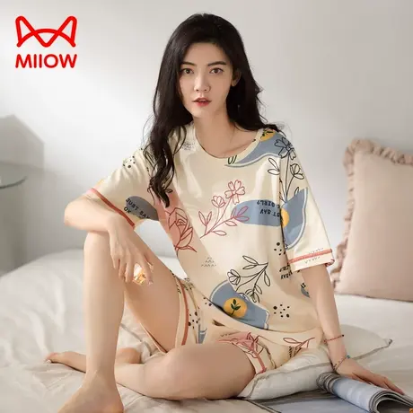 猫人夏季睡衣女纯棉薄款圆领宽松上衣三分睡裤裤可外穿套装家居服图片