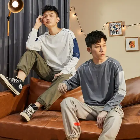 唐狮春秋季新款长袖T恤男装拼接上衣服潮宽松纯棉圆领打底衫图片