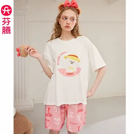 芬腾睡衣女士夏季纯棉短袖凉感薄款圆领套装卡通布朗熊大码家居服商品大图