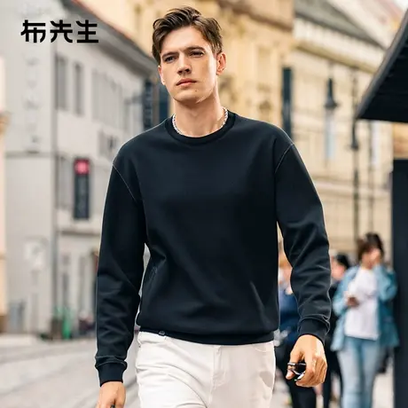 MrBu布先生微廓黑色圆领卫衣春秋隐形拉链口袋长袖男PT15522图片